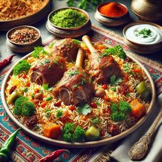 a platter filled with meat and vegetables on top of a colorful table cloth next to silverware