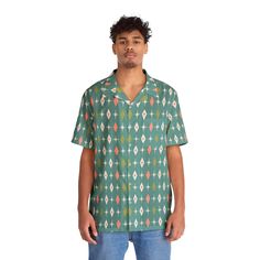 Channel the cool vibes of the Atomic Age with our Atomic Diamond Starburst Men’s Hawaiian Shirt! Tailored for the chap who enjoys a dash of nostalgia, this shirt features a snazzy mid-century starburst pattern that’s all the rage. It's a hit for summer shindigs, beach jaunts, or just cruising in style. Don't just wear it, rock it and be the suave trendsetter at any scene! Material: 95% polyester, 5% spandex: Soft and lightweight polyester with spandex makes the ideal knit for leisure or activewear Sewn-in label Medium fabric (7.23 oz/yd²(245 g/m²)) Boxy fit Spacious Chest pocket: Front check pocket will keep your essentials at a close reach Full-button front: The shirt has a full-length opening at the front, which is fastened using black or white buttons Notch lapel collar: This collar sha Green Casual Shirt With Retro Print, Casual Green Shirt With Retro Print, Green Retro Camp Shirt With Relaxed Fit, Retro Green Camp Shirt With Relaxed Fit, Retro Green Relaxed Fit Camp Shirt, Green Retro Relaxed Fit Camp Shirt, Casual Hawaiian Shirt With Retro Print And Camp Collar, Cool Vibes, Starburst Pattern