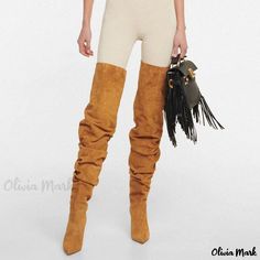 Olivia Mark - Elegant Over-the-Knee Stiletto Suede Boots with Slouchy design - Camel Fitted Brown Suede Knee-high Boots, Fitted Beige Suede Heeled Boots, Beige Fitted Suede Knee-high Boots, Otk Boots, Low Heel Boots, Suede Boots Knee High, Stiletto Boots, Olivia Mark, Suede Boots