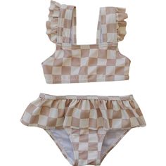 Taupe Checkered Ruffle Bikini Set Checkered Swimsuit, Swim 2024, Baby Luna, French Baby, Baby Sleep Sack, Baby Swimwear, Baby Swimming, Ruffle Swimsuit, Baby Outfits