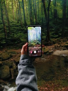 someone holding up their cell phone to take a photo in the woods with trees and water