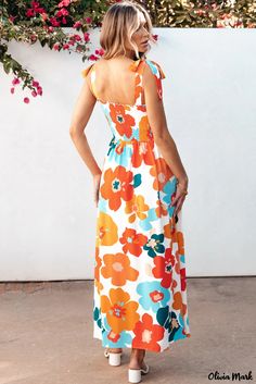 Olivia Mark - Exquisite Orange Floral Maxi Dress with Self-Tied Straps and Smocked Bust Craft Smock, Create Your Own Sunshine, Romper And Jacket, Shirred Dress, Floral Dresses Long, Square Neck Dress, Smocked Dress, Maxi Gowns, Ruffled Sleeves