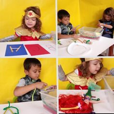 four pictures of children making crafts with paper plates and scissors