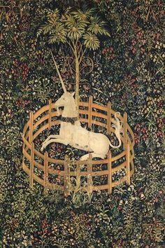 an image of a unicorn on a fence in the middle of flowers and trees with other animals around it