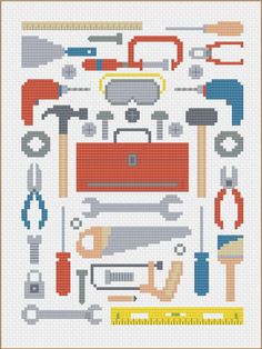 a cross stitch pattern with various tools on the bottom, including hammers and wrenches