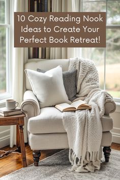 a white chair with a book on it in front of a window and coffee cup