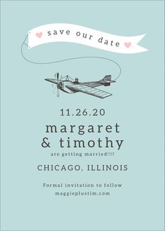 save the date card with an airplane