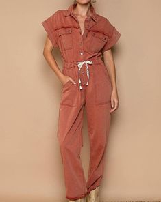 Get ready to turn heads in our BRICK Waist drawstring rolled short sleeve pocket collar jumpsuit! With a flattering waist drawstring and convenient pockets, this jumpsuit is both functional and stylish. The rolled short sleeves and unique collar add a touch of playfulness. Perfect for any occasion, this jumpsuit is a must-have for your wardrobe. Get ready to conquer the fashion world with our Sofia Short Sleeve Utility Jumpsuit! This versatile jumpsuit features a chic yet functional design, maki Button Up Jumpsuit Short, Clothing Jumpsuits & Rompers, Short Sleeve Jumpsuit, Collar Jumpsuit, Utility Jumpsuit, Short Sleeve Jumpsuits, Denim Accessories, Jumpsuit With Sleeves, Last One