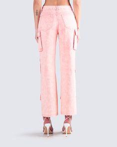 These pink cargo pants are giving major cool-girl 💅 Made from acid dyed cotton denim fabric and complete with cargo pockets, and a relaxed fit - these pants are the perfect look for your baddie era 😚 Casual Pink Cargo Jeans With Multiple Pockets, Pink High Waist Cargo Jeans, Pink High-waist Cargo Jeans With Pockets, High Waist Pink Cargo Jeans With Side Pockets, Pink Utility Cargo Jeans With Side Pockets, Casual Acid Wash Straight Leg Cargo Pants, Casual Pink Cargo Jeans With Side Pockets, Casual Pink Cargo Jeans With Pockets, Trendy High Waist Pink Cargo Pants