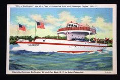 an old postcard with a boat in the water and two american flags flying above it