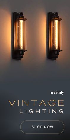 two wall lights with the words vintage lighting shop now