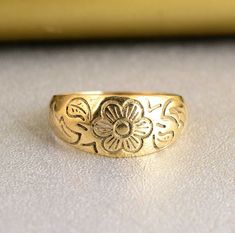 "Engraved Flower Ring, Dome Ring, Vintage Jewelry, Vintage Ring, Floral Ring, Brass Ring, Handmade Ring, Gift For Her, Boho Gift Ring ❥ Customers satisfaction is our biggest priority, please contact us with any questions/queries for future or existing orders, and we will do our best to make sure you are happy with your order. ❥Please make sure to add the correct address during check out. You can return your purchased item within 15 days after successful delivery. We offer a 100% \"Money Back Guarantee\" if you are not satisfied with your purchase. Return charges will be paid by buyers only! ❥ Please share your numbers (in personalization box ) as required for shipping address details, and it'll help us to contact you easily. And don't worry about the privacy, we'll keep it safe with us, So Vintage Flower Toe Ring For Gift, Vintage Flower Toe Ring, Vintage Flower Toe Ring As Gift, Vintage Flower Toe Ring Gift, Gold Flower Rings For Jewelry Making, Vintage Gold Flower Ring, Handmade Gold Ring With Flower Shape, Vintage Flower-shaped Ring As A Gift, Vintage Style Flower Shaped Rings For Gift