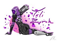 a drawing of a woman in black and purple with text that reads, tal zora