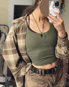 Green And Brown Grunge Outfits, Green Singlet Outfit, Grunge Outfits With Brown Pants, Brown Pants Grunge Outfit, Brown Flannel Outfit Aesthetic, Goblincore Flannel, How To Style Brown Flannel, Brown Outfits Plus Size, Cargo Pants Flannel Outfit