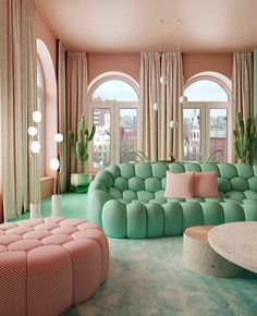 a living room filled with lots of green furniture and large round mirrors on the wall