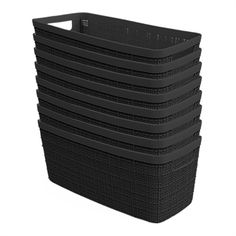 six black plastic baskets stacked on top of each other