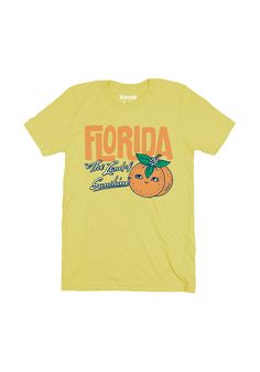 Ahh, nothing like fresh-squeezed sunshine. Breathe in the orange blossoms and beachy air with our new Florida tee. Inspired by vintage postcards and old souvenirs, this Floridian kitsch is sure to make you glow like the sun over the Keys. Unisex crew neck tee in Yellow. 100% combed and ring-spun cotton. Model wears size Large. Retro Orange T-shirt For Spring, Vintage T-shirt For Spring Vacation, Summer Orange Graphic Tee, Vintage Beach T-shirt For Spring, Orange Graphic Print T-shirt For Vacation, Vintage Screen Print T-shirt For Vacation, Retro Orange T-shirt With Screen Print, Vintage Surf Graphic Tee, Yellow Crew Neck Beach T-shirt