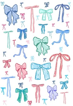 colored bows and ribbons drawn on white paper