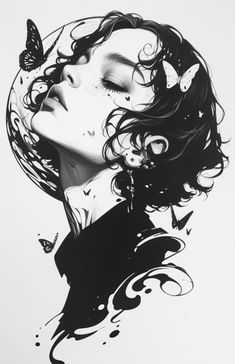 a black and white drawing of a woman's face with butterflies on her head