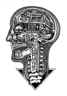 a black and white drawing of a person's head with different things inside it