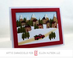 a christmas card with a red truck driving down the road in front of houses and trees