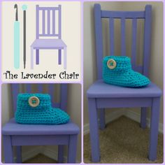 the lavender chair has a crocheted hat on it and is next to a blue chair