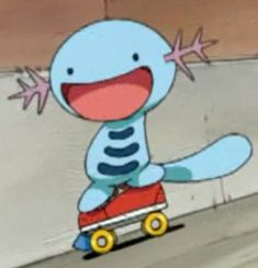 a cartoon character riding a skateboard down a street