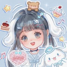 a drawing of a girl with many stickers on her head and some other things around her