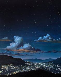 a painting of the night sky with clouds and stars in the sky over a city