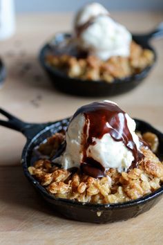 an ice cream sundae in a cast iron skillet