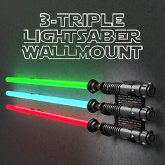 three lightsaber wallmounts with the words, 3 - triple light saber wall mount