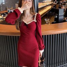 Beautiful Knit Dress Comfortable Elegant Red Sweater Dress For Party, Elegant Red Knee-length Sweater Dress, Chic Red Mini Sweater Dress, Elegant Red Sweater Dress For Fall, Chic Red Knit Dress, Red Knit Dress For Fall, Red Knit Winter Dress, Blue Sparkly Dress, Autumn Streetwear