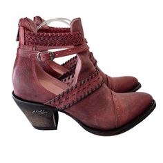 Miss Macie | Weathered Red Leather 'I Dare You' Ankle Boots Retail: $189.00 Gorgeous & High-Quality! Intentionally Weathered & Distressed In All The Right Places For That Worn-In Look! This Sassy Red Distressed Bootie Has The Perfect Details. Tiny Brass Studs Frame The Toe, While Three Straps Frame The Top Of The Boot. The Blush Pink Hung Lining And Cushion Insole With Arch Support Will Keep You Comfortable. Size: Women's 8.5m (M=Medium/Standard) Condition: New *Without* Tags. No Box. Never Worn Ankle Bootie, Arch Support, Ankle Booties, Bootie, Red Leather, Blush Pink, Bootie Boots, Happy Shopping, Arch