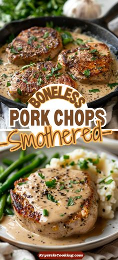 pork chops smothered in gravy with green beans and mashed potatoes