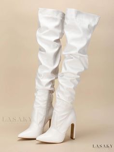 Lasaky - Stylish Thigh High Boots for Women: Chunky Heel, Pointed Toe, White PU Leather, Over The Knee Design White Thigh High Boots For Party, White Thigh High Party Boots, Fitted White Thigh High Boots, White Fitted Over-the-knee Boots, Fitted White Knee-high Winter Boots, Fitted White Knee-high Boots For Winter, White Fitted Heeled Boots With Pointed Toe, White Over-the-knee Boots For Winter, White Over-the-knee Winter Boots