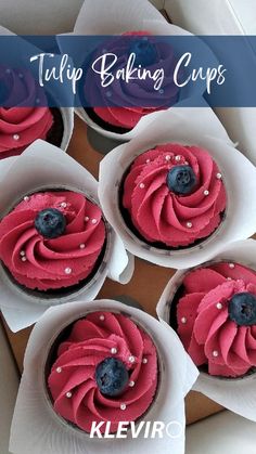 Gorgeous coral cupcakes displayed in white cupcake liners by Kleviro featuring some amazing toppings of fresh blue berries, raspberries, strawberry slices, edible cupcaking dust and drizzles of white chocolate for the dramatic effect Cupcake Liners Wedding, Cupcakes For Wedding, Bake Cupcakes, Kitchen Thermometer, Fancy Cupcakes, Baking Items, Baking Essentials