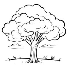 a black and white drawing of a tree with clouds in the sky above it,