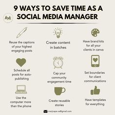 the 9 ways to save time as a social media manager infographical poster with icons and text