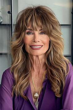 35 Ladies Over 50 Prove They Can Still Have Bangs in 2024 80s Rock Hair Women, Long Shag Hairstyles With Bangs, Long Hairstyles With Layers And Bangs, 80s Layered Hair, Long Hair 50 Year Old Women, Hair For Back To School, Bangs For Older Women With Long Hair, Shaggy Bob For Fine Hair Over 50, Long Shag Haircut With Bangs