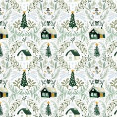 a pattern with houses and trees on it