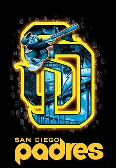 a baseball player swinging a bat in front of the san diego padres logo on a black background