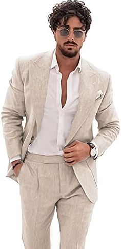 Wangyue Men's 2-Piece Linen Suit Casual Slim Fit Vintage Suits Groomsmen Tuxedos Wedding Summer Beach Blazer Pants Set Casual Wedding Suit, Suits Groomsmen, Linen Suit Men, Wedding Guest Men, Tuxedos Wedding, Blazer Pants Set, Linen Suits For Men, Beach Wedding Suits