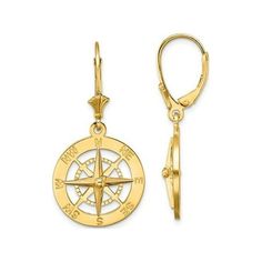 With its unique design featuring a compass motif these leverback charm earrings are crafted from 14 karat yellow gold. The earrings have an approximate gram weight of 6.00 grams and are 1 1/4 inches in length and a 1/2 inch in width. 14K Yellow Gold Nautical Compass Leverback Charm Earrings Size: one size.  Gender: female.  Age Group: adult. Nautical Compass, Jewelry Cleaning Solution, A Compass, Signature Jewelry, Cleaning Jewelry, Gold Style, Charm Earrings, Heart Charm, Compass