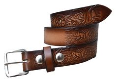 "* Kid Wildlife Embossed Brown Leather belt with name laser engraved free on center back (visible) for boys and girls * Made in USA High Springs, Florida * Family owned and operated * 100% high quality one-piece full grain cowhide leather * Snap, Buckle closure so you can easily change buckles * 1 1/4\" wide with 5 holes punched - Silver belt buckle and leather keeper included * The best way is to measure a belt that fits (see diagram) * Please see our suggested guide for belt size based on kids High Springs Florida, Springs Florida, Leather Store, Kids C, Silver Belt Buckle, Silver Belt, Tan Cowhide, Silver Belts, Branded Belts