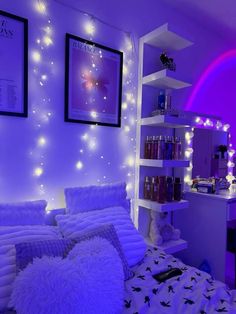 a bed room with a neatly made bed and purple lights on the wall behind it