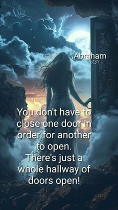 a woman is standing in the clouds with her arms outstretched, looking out at an open door