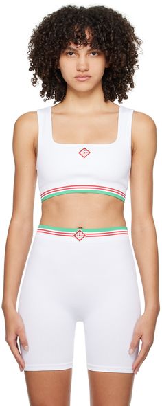 Stretch nylon-blend ribbed jersey tank top. · Square neck · Embroidered logo patch at chest · Stripes at elasticized cropped hem Supplier color: White White Sporty Elastane Crop Top, White Sporty Crop Top, White Tank Top, Casablanca, Cropped Tank Top, Square Neck, Patch Logo, Perfect Clothing, Stripes