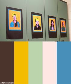 a group of pictures hanging on the side of a wall next to a color swatch