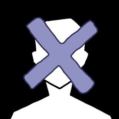 a person with a purple x on their head in front of a black background,