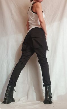 "Extravagant Women Skinny Pants, Outer Pockets Pants ❤️ Extravagant designs and high quality fabrics! ❤️ Materials & Care Textile, Cotton Polyester Hand wash at low temperatures. Do not machine dry. Do not iron. Do not dry clean! ❤️ Sizing We can make your piece from XS to 5XL! Everything in the shop can be also made according to your measures free of charge! ❤️ Shipping ✈ Ready to ship The time I need to prepare an order for shipping varies. For details, see individual items. Priority shipp Women High Waist Pants, Steampunk Shoes, Gothic Pants, Pockets Pants, Black Leather Sandals, Black Wedges, Asymmetrical Design, Pocket Pants, Pants Women